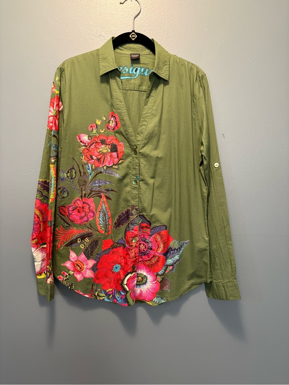 Desigual Olive Green Button-Down Shirt with Bright Florals